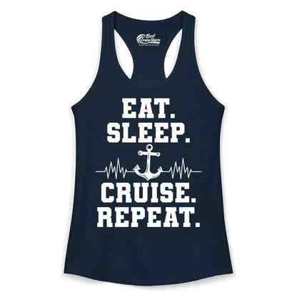 Eat Sleep Cruise Repeat Shirt - Nautical Cruise Shirt for Travelers (Ladies Tank) in Solid Midnight Navy - Eat Sleep Cruise Repeat Shirt - Anchor Heartbeat Nautical Design