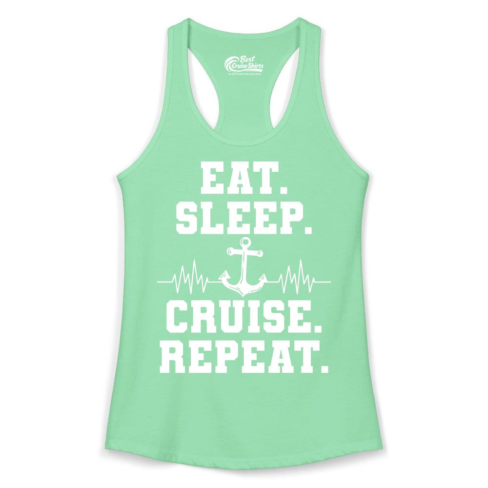 Eat Sleep Cruise Repeat Shirt - Nautical Cruise Shirt for Travelers (Ladies Tank) in Solid Mint - Eat Sleep Cruise Repeat Shirt - Anchor Heartbeat Nautical Design