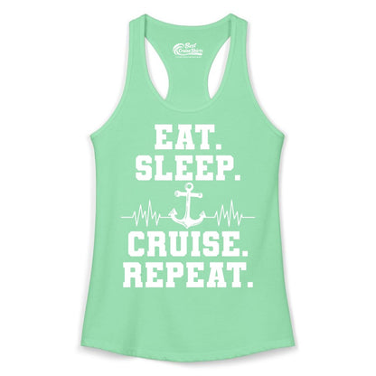 Eat Sleep Cruise Repeat Shirt - Nautical Cruise Shirt for Travelers (Ladies Tank) in Solid Mint - Eat Sleep Cruise Repeat Shirt - Anchor Heartbeat Nautical Design