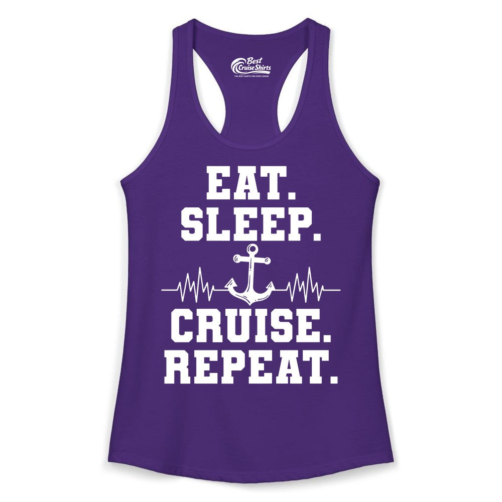 Eat Sleep Cruise Repeat Shirt - Nautical Cruise Shirt for Travelers (Ladies Tank) in Solid Purple Rush - Eat Sleep Cruise Repeat Shirt - Anchor Heartbeat Nautical Design