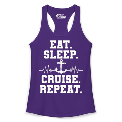 Eat Sleep Cruise Repeat Shirt - Nautical Cruise Shirt for Travelers (Ladies Tank) in Solid Purple Rush - Eat Sleep Cruise Repeat Shirt - Anchor Heartbeat Nautical Design