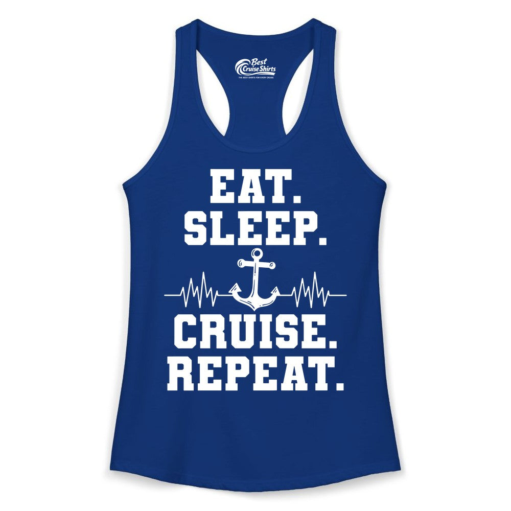 Eat Sleep Cruise Repeat Shirt - Nautical Cruise Shirt for Travelers (Ladies Tank) in Solid Royal - Eat Sleep Cruise Repeat Shirt - Anchor Heartbeat Nautical Design