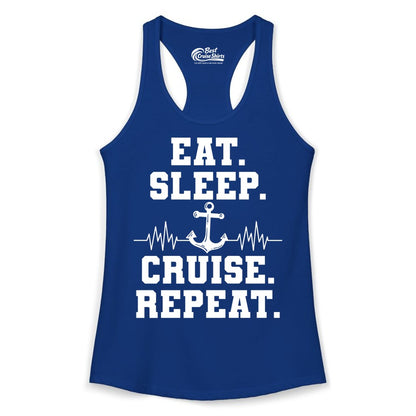 Eat Sleep Cruise Repeat Shirt - Nautical Cruise Shirt for Travelers (Ladies Tank) in Solid Royal - Eat Sleep Cruise Repeat Shirt - Anchor Heartbeat Nautical Design