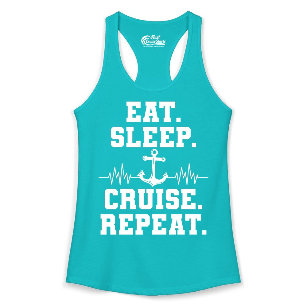 Eat Sleep Cruise Repeat Shirt - Nautical Cruise Shirt for Travelers (Ladies Tank) in Tahiti Blue - Eat Sleep Cruise Repeat Shirt - Anchor Heartbeat Nautical Design