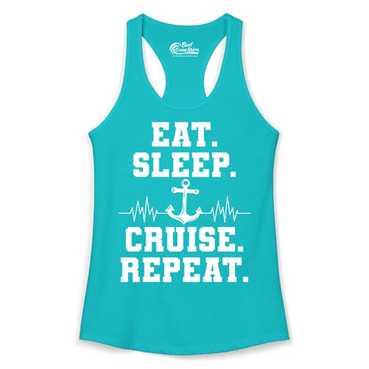 Eat Sleep Cruise Repeat Shirt - Nautical Cruise Shirt for Travelers (Ladies Tank) in Tahiti Blue - Eat Sleep Cruise Repeat Shirt - Anchor Heartbeat Nautical Design