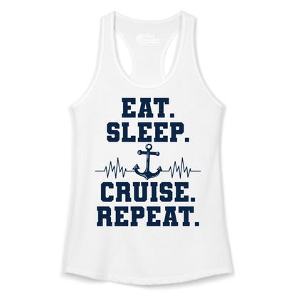 Eat Sleep Cruise Repeat Shirt - Nautical Cruise Shirt for Travelers (Ladies Tank) in White - Eat Sleep Cruise Repeat Shirt - Anchor Heartbeat Nautical Design