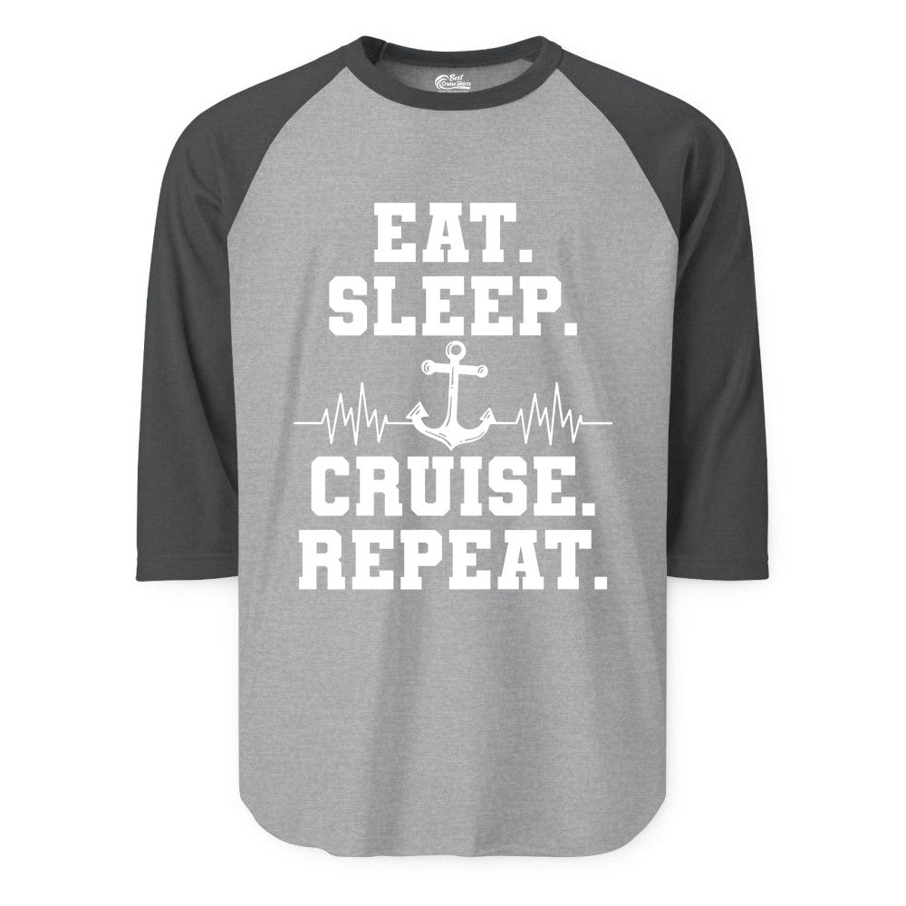 Eat Sleep Cruise Repeat Shirt - Nautical Cruise Shirt for Travelers (Raglan) in Heather GreyHeather Charcoal - Eat Sleep Cruise Repeat Shirt - Anchor Heartbeat Nautical Design