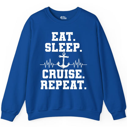 Eat Sleep Cruise Repeat Shirt - Nautical Cruise Shirt for Travelers (Sweatshirt) in Royal - Eat Sleep Cruise Repeat Shirt - Anchor Heartbeat Nautical Design