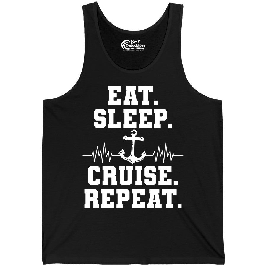 Eat Sleep Cruise Repeat Shirt - Nautical Cruise Shirt for Travelers (Tank Top) in Black - Eat Sleep Cruise Repeat Shirt - Anchor Heartbeat Nautical Design