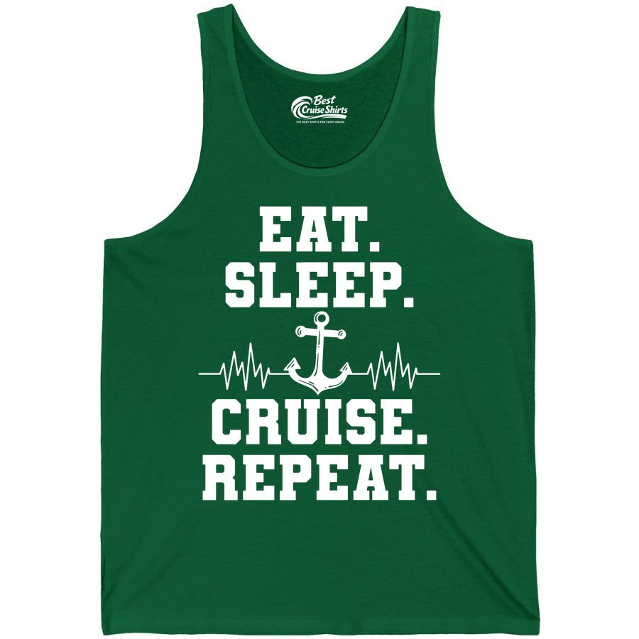 Eat Sleep Cruise Repeat Shirt - Nautical Cruise Shirt for Travelers (Tank Top) in Kelly - Eat Sleep Cruise Repeat Shirt - Anchor Heartbeat Nautical Design