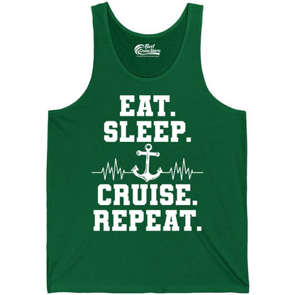 Eat Sleep Cruise Repeat Shirt - Nautical Cruise Shirt for Travelers (Tank Top) in Kelly - Eat Sleep Cruise Repeat Shirt - Anchor Heartbeat Nautical Design