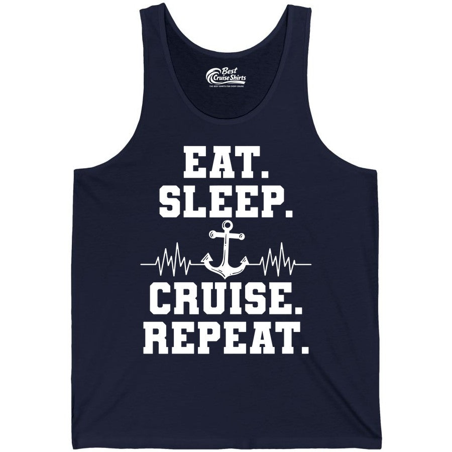 Eat Sleep Cruise Repeat Shirt - Nautical Cruise Shirt for Travelers (Tank Top) in Navy - Eat Sleep Cruise Repeat Shirt - Anchor Heartbeat Nautical Design