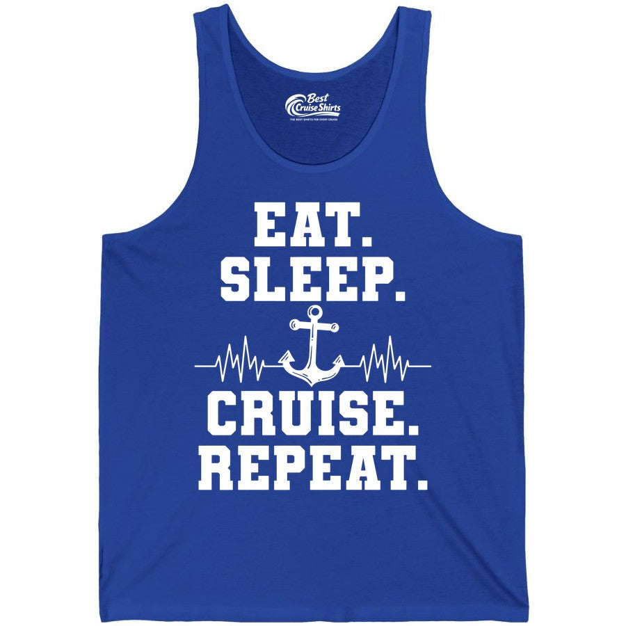 Eat Sleep Cruise Repeat Shirt - Nautical Cruise Shirt for Travelers (Tank Top) in True Royal - Eat Sleep Cruise Repeat Shirt - Anchor Heartbeat Nautical Design