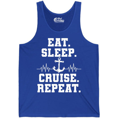 Eat Sleep Cruise Repeat Shirt - Nautical Cruise Shirt for Travelers (Tank Top) in True Royal - Eat Sleep Cruise Repeat Shirt - Anchor Heartbeat Nautical Design
