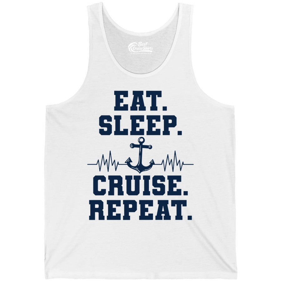Eat Sleep Cruise Repeat Shirt - Nautical Cruise Shirt for Travelers (Tank Top) in White - Eat Sleep Cruise Repeat Shirt - Anchor Heartbeat Nautical Design