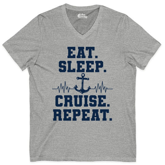 Eat Sleep Cruise Repeat Shirt - Nautical Cruise Shirt for Travelers (V-Neck) in Athletic Heather - Eat Sleep Cruise Repeat Shirt - Anchor Heartbeat Nautical Design