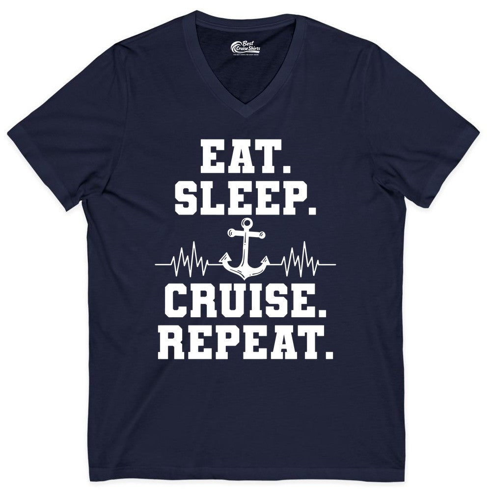 Eat Sleep Cruise Repeat Shirt - Nautical Cruise Shirt for Travelers (V-Neck) in Navy - Eat Sleep Cruise Repeat Shirt - Anchor Heartbeat Nautical Design