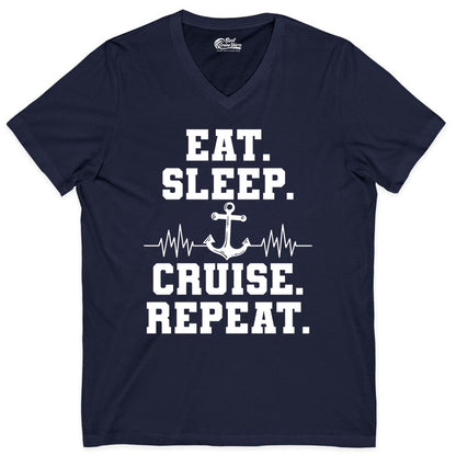Eat Sleep Cruise Repeat Shirt - Nautical Cruise Shirt for Travelers (V-Neck) in Navy - Eat Sleep Cruise Repeat Shirt - Anchor Heartbeat Nautical Design
