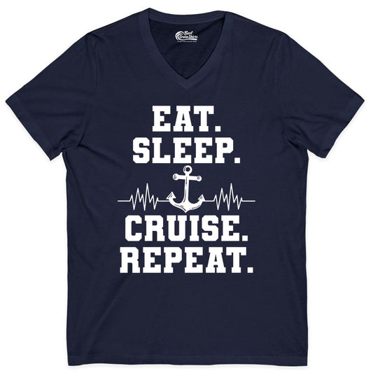 Eat Sleep Cruise Repeat Shirt - Nautical Cruise Shirt for Travelers (V-Neck) in Navy - Eat Sleep Cruise Repeat Shirt - Anchor Heartbeat Nautical Design