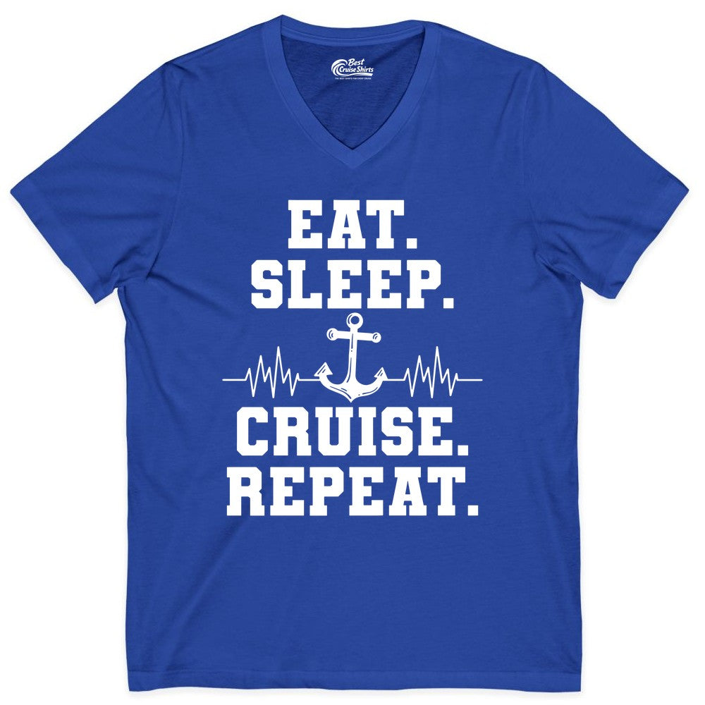 Eat Sleep Cruise Repeat Shirt - Nautical Cruise Shirt for Travelers (V-Neck) in True Royal - Eat Sleep Cruise Repeat Shirt - Anchor Heartbeat Nautical Design