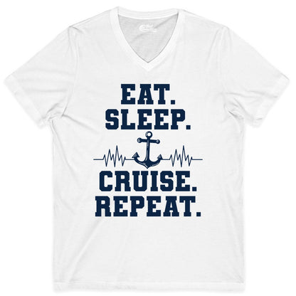 Eat Sleep Cruise Repeat Shirt - Nautical Cruise Shirt for Travelers (V-Neck) in White - Eat Sleep Cruise Repeat Shirt - Anchor Heartbeat Nautical Design