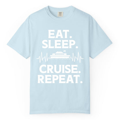 Eat Sleep Cruise Repeat Shirt - Cruise Lover Gift - Vacation Tee (Comfort Color) in Chambray - Eat Sleep Cruise Repeat Shirt with Cruise Ship Graphic Bold Text