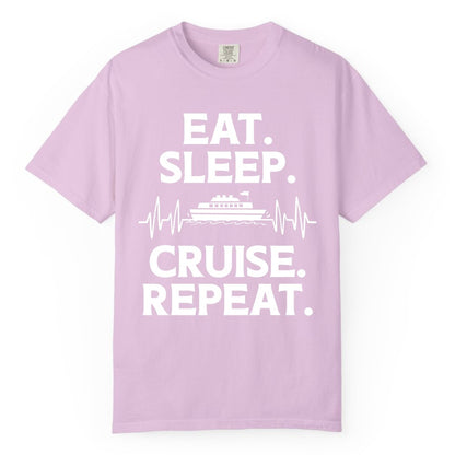 Eat Sleep Cruise Repeat Shirt - Cruise Lover Gift - Vacation Tee (Comfort Color) in Orchid - Eat Sleep Cruise Repeat Shirt with Cruise Ship Graphic Bold Text