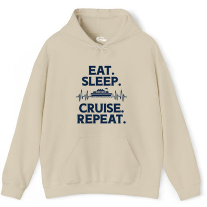 Eat Sleep Cruise Repeat Shirt - Cruise Lover Gift - Vacation Tee (Hoodie) in Sand - Eat Sleep Cruise Repeat Shirt with Cruise Ship Graphic Bold Text