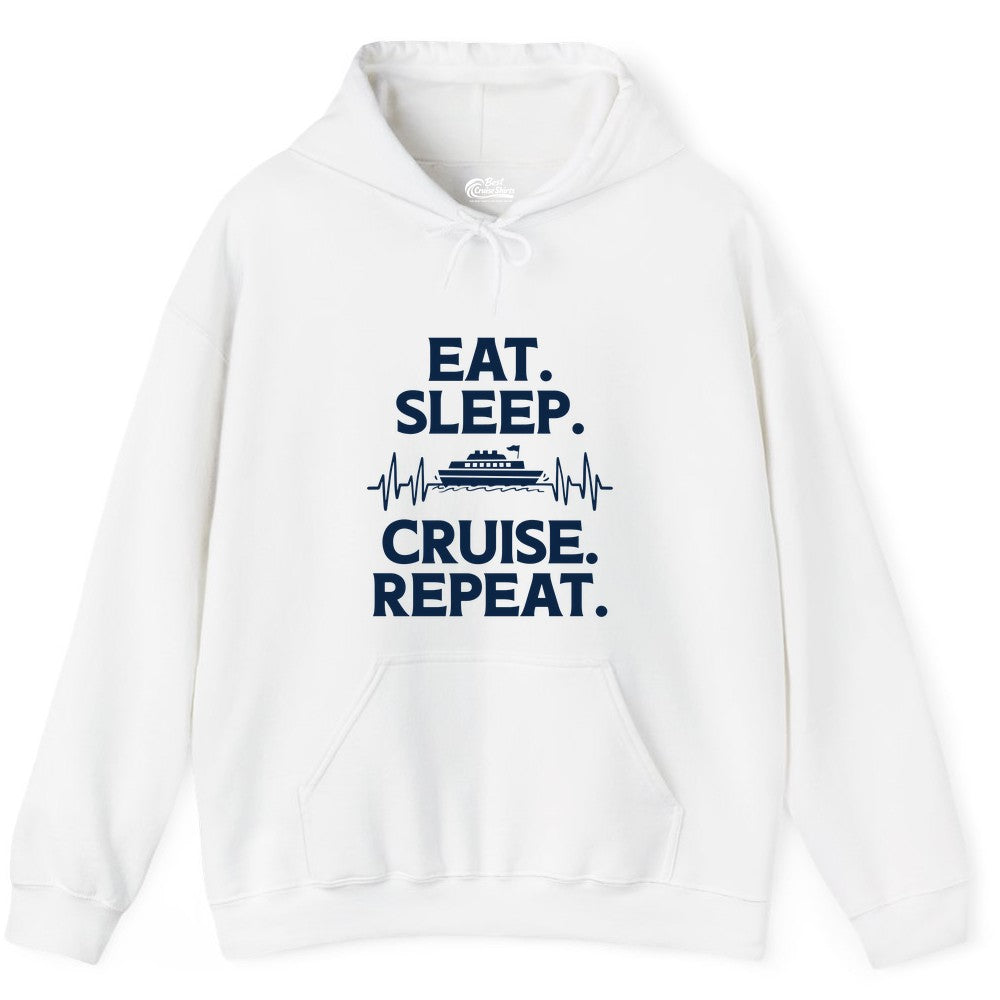 Eat Sleep Cruise Repeat Shirt - Cruise Lover Gift - Vacation Tee (Hoodie) in White - Eat Sleep Cruise Repeat Shirt with Cruise Ship Graphic Bold Text