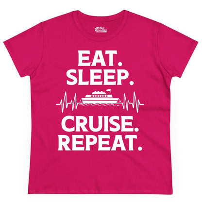 Eat Sleep Cruise Repeat Shirt - Cruise Lover Gift - Vacation Tee (Ladies Tee) in Heliconia - Eat Sleep Cruise Repeat Shirt with Cruise Ship Graphic Bold Text