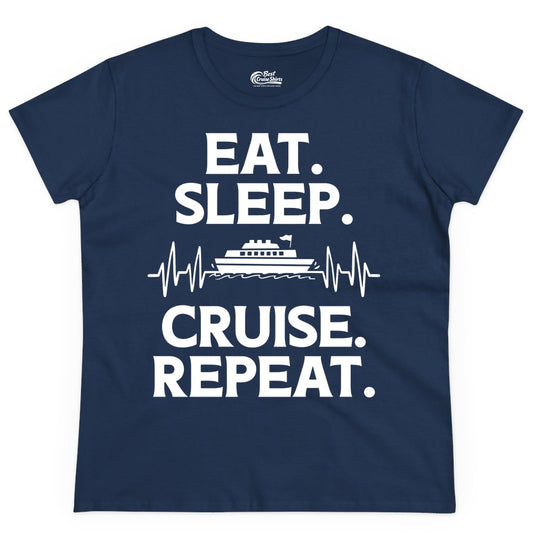 Eat Sleep Cruise Repeat Shirt - Cruise Lover Gift - Vacation Tee (Ladies Tee) in Navy - Eat Sleep Cruise Repeat Shirt with Cruise Ship Graphic Bold Text