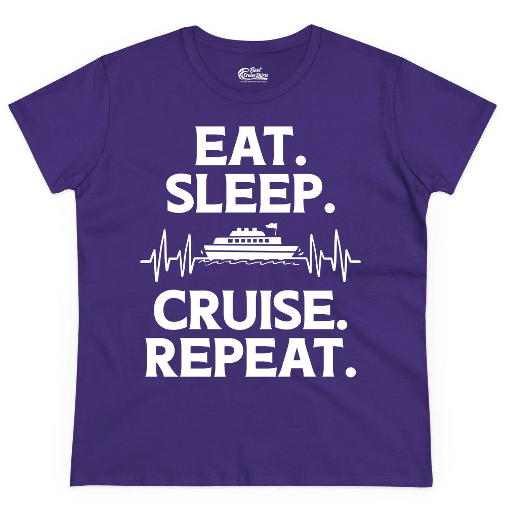 Eat Sleep Cruise Repeat Shirt - Cruise Lover Gift - Vacation Tee (Ladies Tee) in Purple - Eat Sleep Cruise Repeat Shirt with Cruise Ship Graphic Bold Text