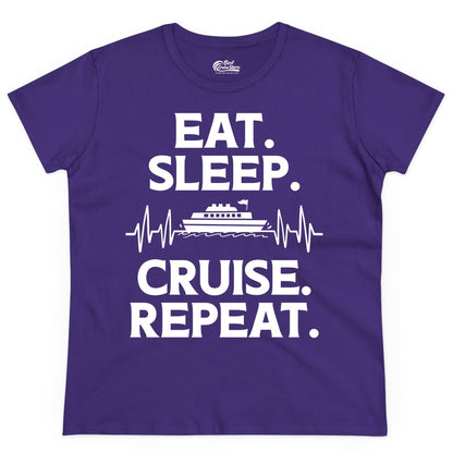 Eat Sleep Cruise Repeat Shirt - Cruise Lover Gift - Vacation Tee (Ladies Tee) in Purple - Eat Sleep Cruise Repeat Shirt with Cruise Ship Graphic Bold Text