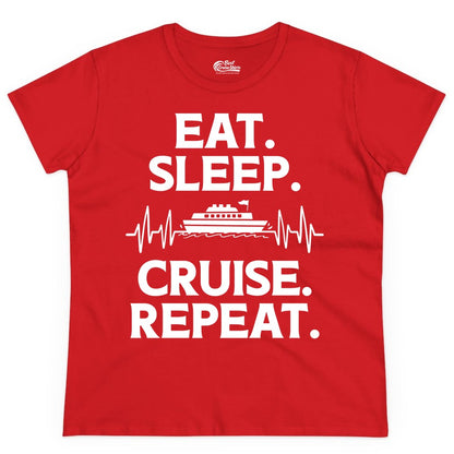 Eat Sleep Cruise Repeat Shirt - Cruise Lover Gift - Vacation Tee (Ladies Tee) in Red - Eat Sleep Cruise Repeat Shirt with Cruise Ship Graphic Bold Text