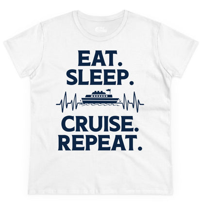 Eat Sleep Cruise Repeat Shirt - Cruise Lover Gift - Vacation Tee (Ladies Tee) in White - Eat Sleep Cruise Repeat Shirt with Cruise Ship Graphic Bold Text