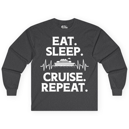 Eat Sleep Cruise Repeat Shirt - Cruise Lover Gift - Vacation Tee (Long Sleeve) in Dark Heather - Eat Sleep Cruise Repeat Shirt with Cruise Ship Graphic Bold Text