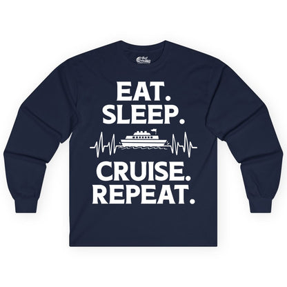 Eat Sleep Cruise Repeat Shirt - Cruise Lover Gift - Vacation Tee (Long Sleeve) in Navy - Eat Sleep Cruise Repeat Shirt with Cruise Ship Graphic Bold Text
