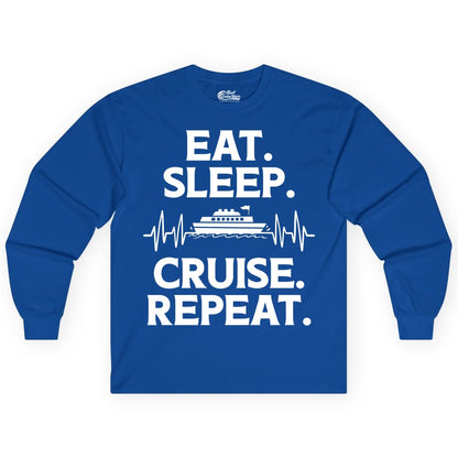 Eat Sleep Cruise Repeat Shirt - Cruise Lover Gift - Vacation Tee (Long Sleeve) in Royal - Eat Sleep Cruise Repeat Shirt with Cruise Ship Graphic Bold Text