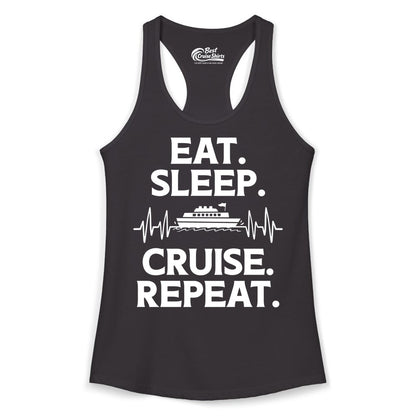 Eat Sleep Cruise Repeat Shirt - Cruise Lover Gift - Vacation Tee (Ladies Tank) in Black - Eat Sleep Cruise Repeat Shirt with Cruise Ship Graphic Bold Text