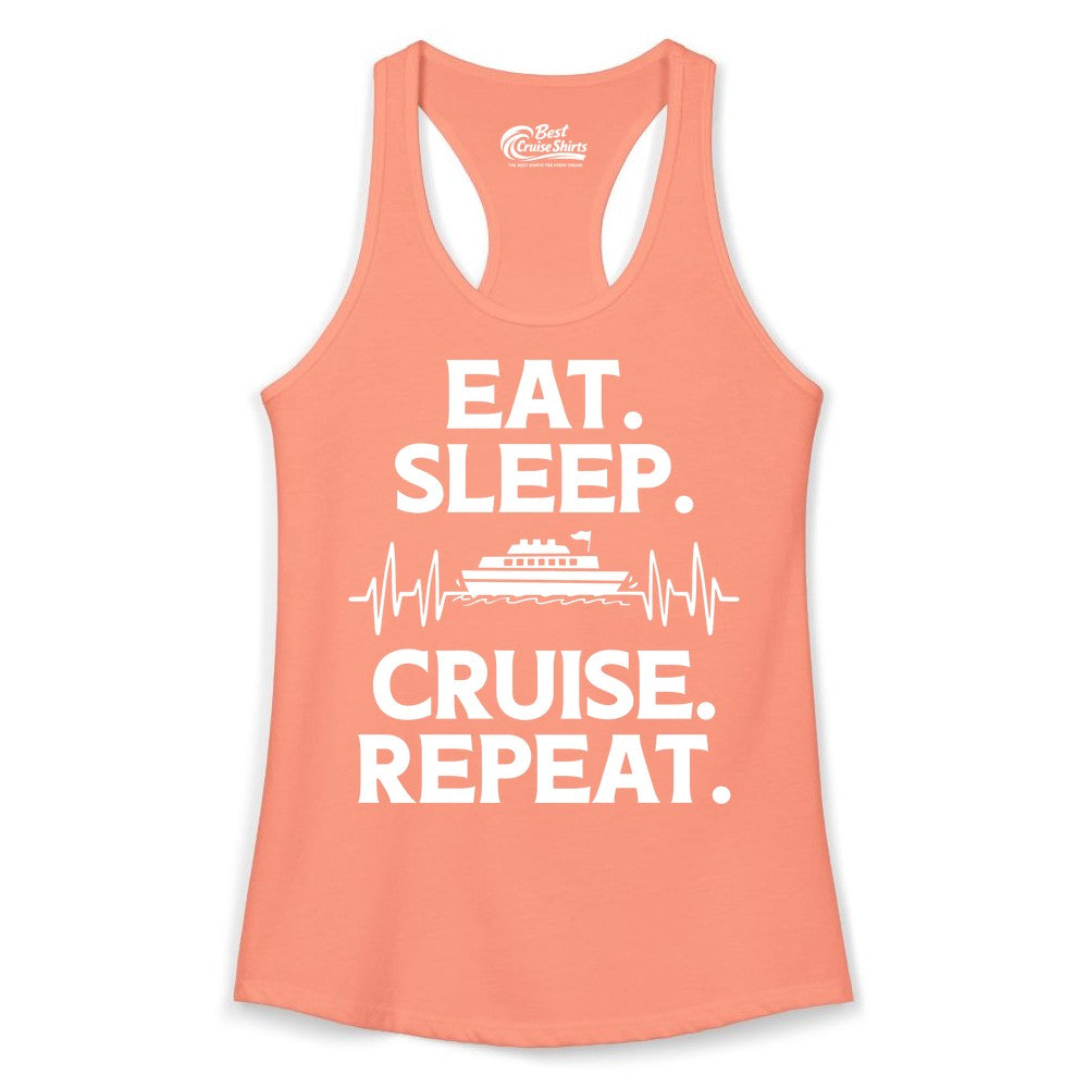 Eat Sleep Cruise Repeat Shirt - Cruise Lover Gift - Vacation Tee (Ladies Tank) in Solid Light Orange - Eat Sleep Cruise Repeat Shirt with Cruise Ship Graphic Bold Text
