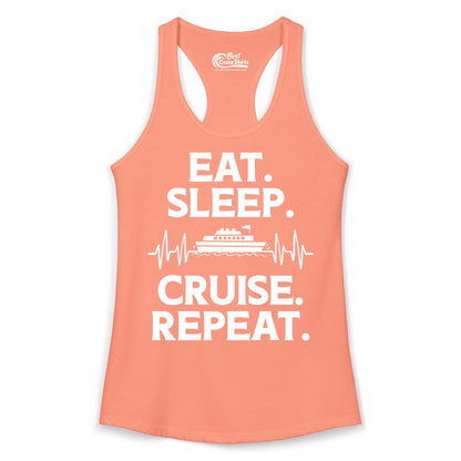 Eat Sleep Cruise Repeat Shirt - Cruise Lover Gift - Vacation Tee (Ladies Tank) in Solid Light Orange - Eat Sleep Cruise Repeat Shirt with Cruise Ship Graphic Bold Text