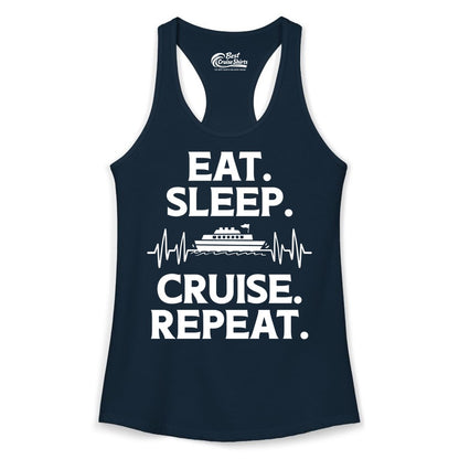 Eat Sleep Cruise Repeat Shirt - Cruise Lover Gift - Vacation Tee (Ladies Tank) in Solid Midnight Navy - Eat Sleep Cruise Repeat Shirt with Cruise Ship Graphic Bold Text