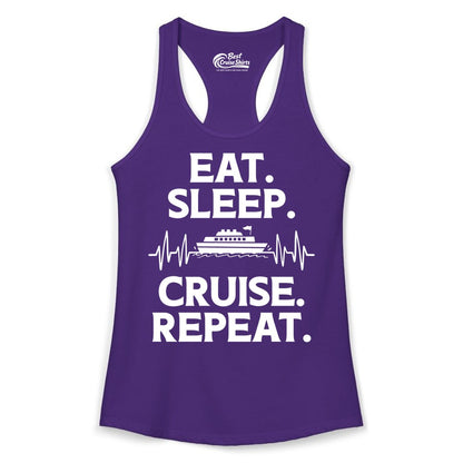 Eat Sleep Cruise Repeat Shirt - Cruise Lover Gift - Vacation Tee (Ladies Tank) in Solid Purple Rush - Eat Sleep Cruise Repeat Shirt with Cruise Ship Graphic Bold Text