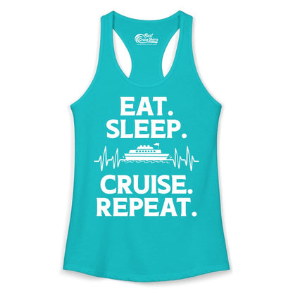 Eat Sleep Cruise Repeat Shirt - Cruise Lover Gift - Vacation Tee (Ladies Tank) in Tahiti Blue - Eat Sleep Cruise Repeat Shirt with Cruise Ship Graphic Bold Text