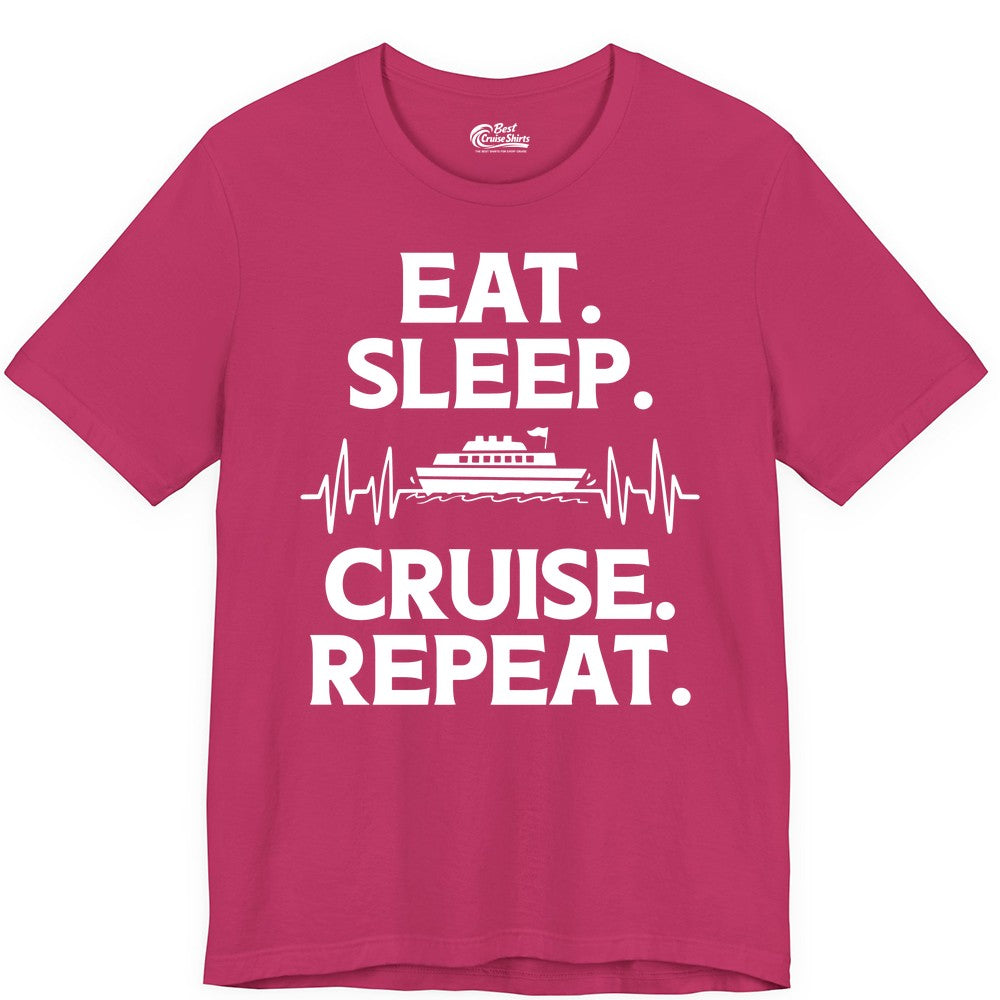 Eat Sleep Cruise Repeat Shirt - Cruise Lover Gift - Vacation Tee (Premium Tee) in Berry - Eat Sleep Cruise Repeat Shirt with Cruise Ship Graphic Bold Text