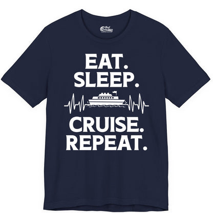 Eat Sleep Cruise Repeat Shirt - Cruise Lover Gift - Vacation Tee (Premium Tee) in Navy - Eat Sleep Cruise Repeat Shirt with Cruise Ship Graphic Bold Text