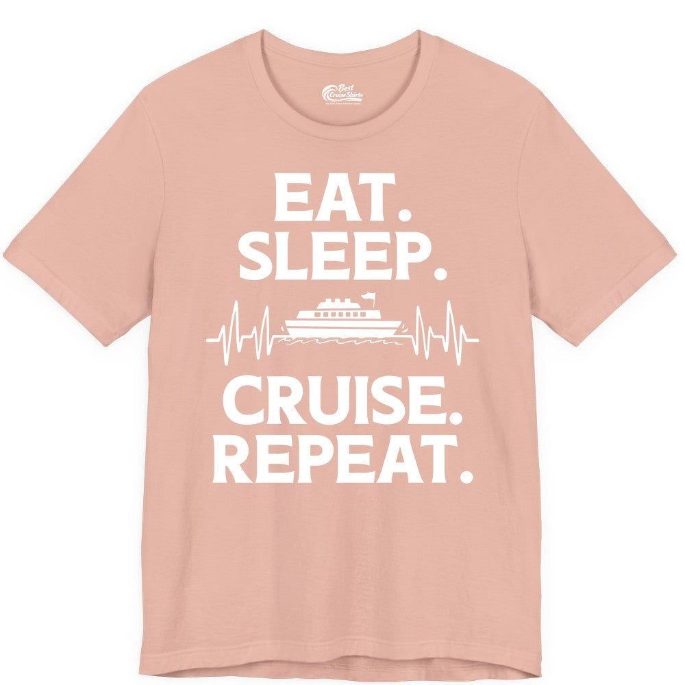 Eat Sleep Cruise Repeat Shirt - Cruise Lover Gift - Vacation Tee (Premium Tee) in Peach - Eat Sleep Cruise Repeat Shirt with Cruise Ship Graphic Bold Text
