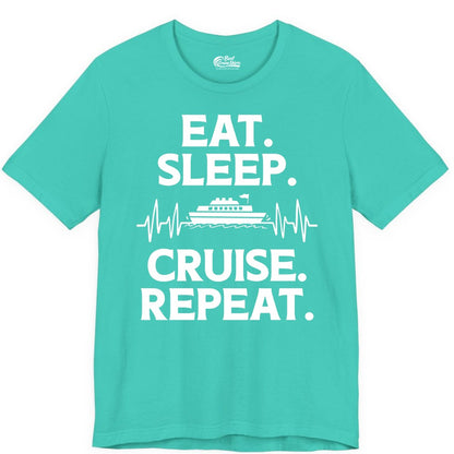 Eat Sleep Cruise Repeat Shirt - Cruise Lover Gift - Vacation Tee (Premium Tee) in Teal - Eat Sleep Cruise Repeat Shirt with Cruise Ship Graphic Bold Text