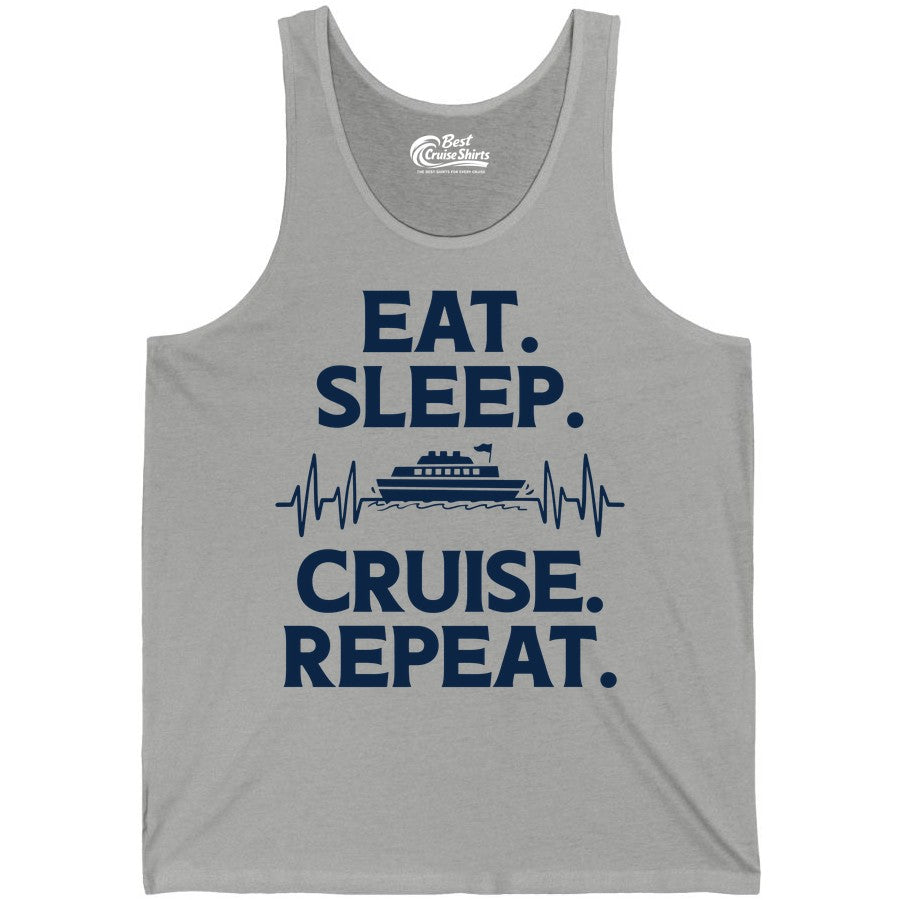 Eat Sleep Cruise Repeat Shirt - Cruise Lover Gift - Vacation Tee (Tank Top) in Athletic Heather - Eat Sleep Cruise Repeat Shirt with Cruise Ship Graphic Bold Text