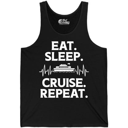 Eat Sleep Cruise Repeat Shirt - Cruise Lover Gift - Vacation Tee (Tank Top) in Black - Eat Sleep Cruise Repeat Shirt with Cruise Ship Graphic Bold Text